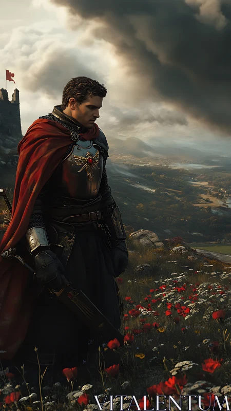 Armored knight stands in flowered field under storm clouds