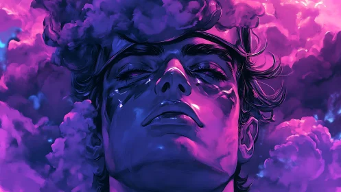 Digital painting portrait in neon clouds with chromatic contrast.