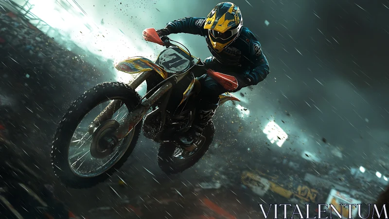 Storm-lit motocross daredevil soaring through stadium rain.