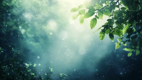Sunlit Forest Foliage with Luminous Particle Effects
