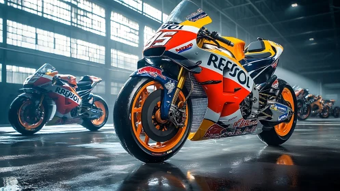 Racing legends idle in neon-lit hangar, poised for thunder.