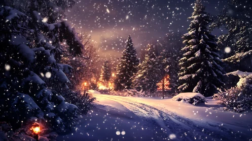 Snowspell lane under ember lanterns and hushbright pines.