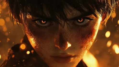 Close frontal view of intense freckled face amid embers.