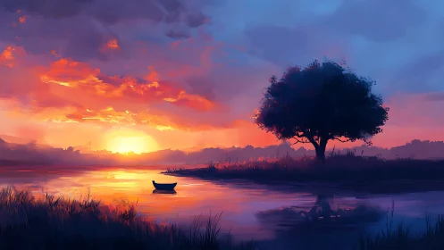 Sunset light illuminates river, tree silhouette, and moored boat