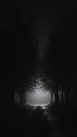 Moonlit forest tunnel encloses solitary night pathway.