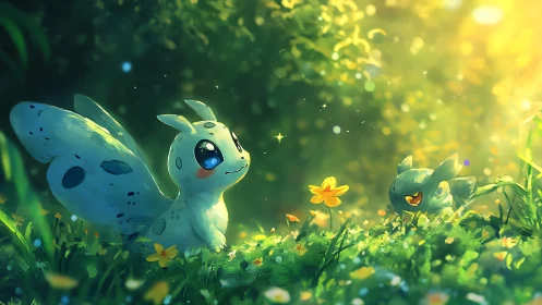 Sunlit forest sprites trade shy smiles among wildflowers.