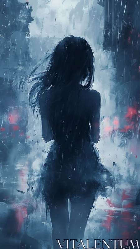 Rain-soaked silhouette rewrites the night in blurred neon ink
