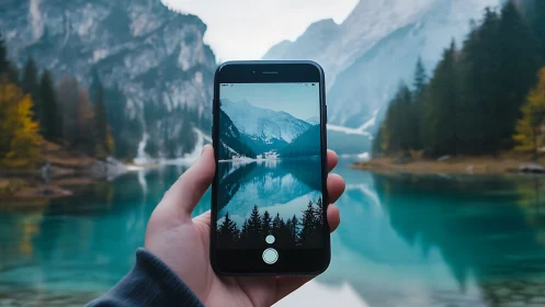 Smartphone captures serene turquoise lake and misty peaks