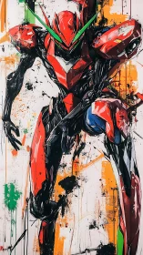 Dynamic mecha combat pose in abstract splatter composition.