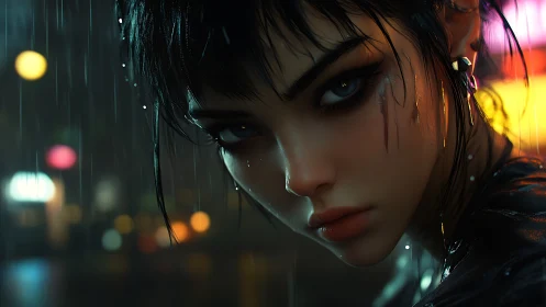 Moody cyberpunk girl in rain with neon city lights.