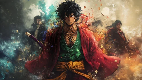 Battle-hardened samurai warrior amid elemental chaos.