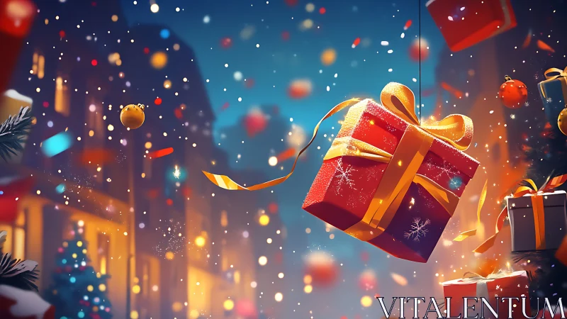 Suspended red gift box with golden ribbon in snowy city street