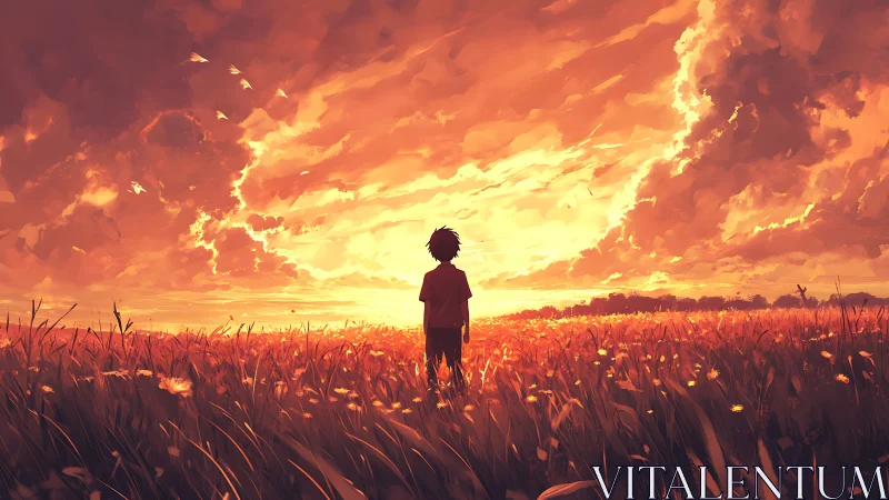 Solitary child in flaming sunset field, painterly sky glow.