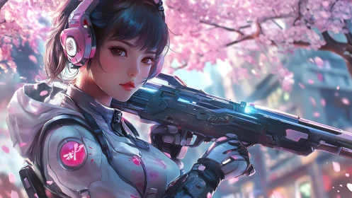 Cyber sniper girl under neon cherry blossoms in bloom.
