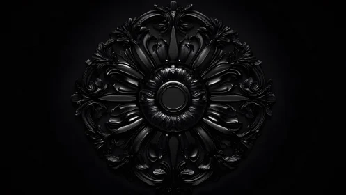 Ornate Black Baroque Medallion on Dark Background, Digital Art.