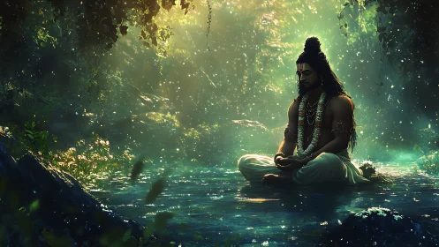 Forest sage in tranquil river meditation under sacred light.