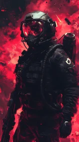 Armored sci fi soldier in red inferno combat scene.