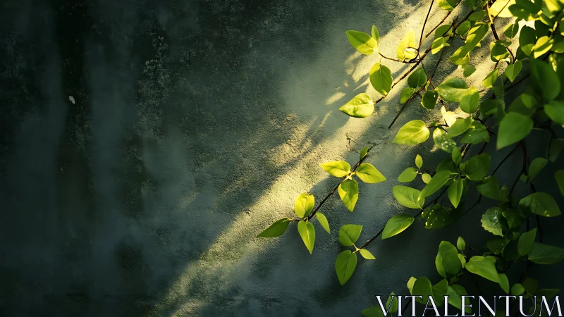 Sunlit green vine climbing a textured dark concrete wall.