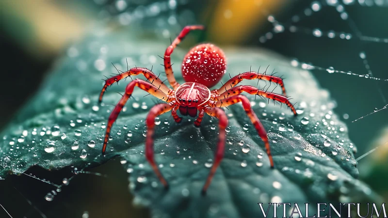 Red dew-covered spider on wet green leaf in close focus.