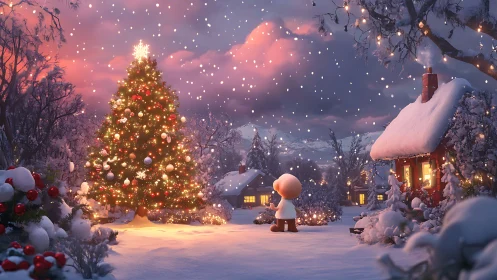 Snow-covered yard with lit Christmas tree and cottage at dusk.