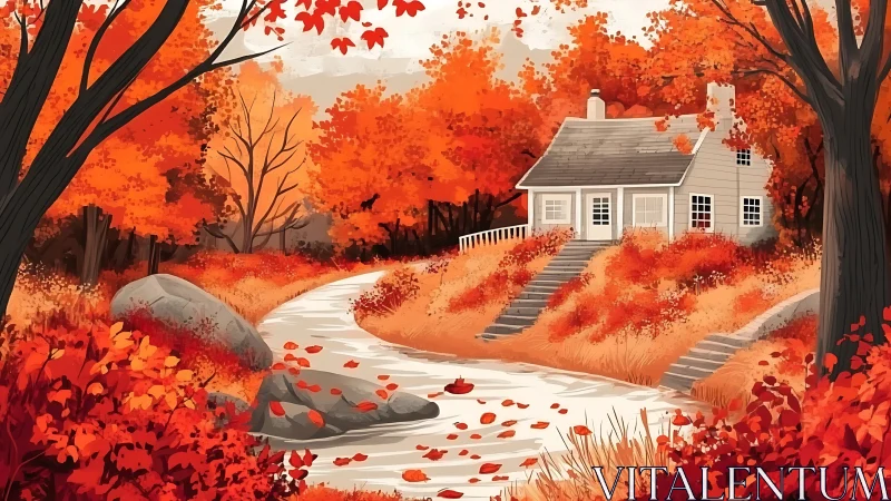 Cozy riverside cottage wrapped in glowing autumn color.