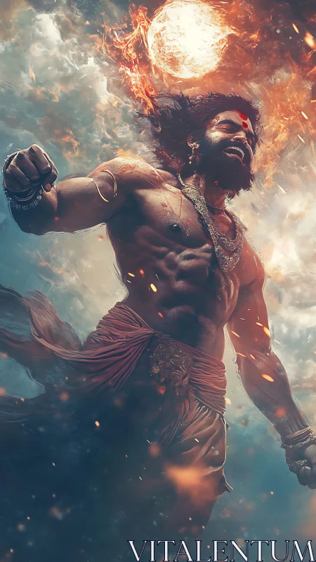 Sky-scorching titan laughs as a burning sun crowns him