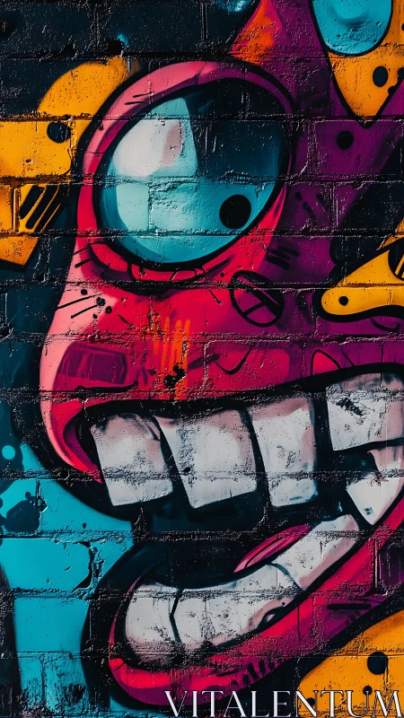 Graffiti close-up of stylized face with large teeth and eyes.