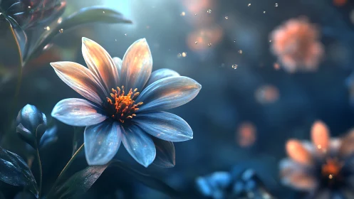 Blue flower with golden stamen glows ethereally in dreamy light.