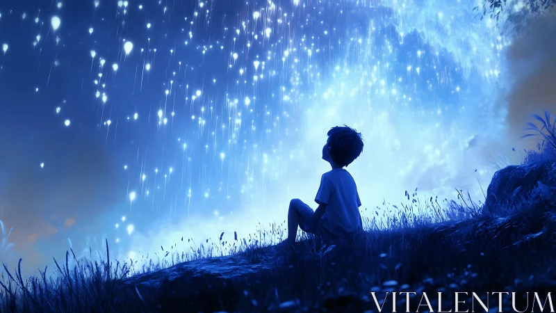Backlit child observes dense blue particle cascade in night field