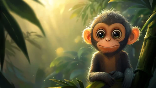 Juvenile monkey rendered in luminous stylized jungle lighting