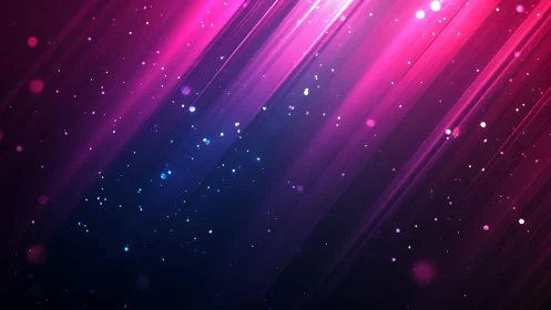 Vibrant diagonal neon light streaks with glowing particles, abstract digital art.