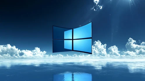 Windows style logo over reflective ocean under blue sky.