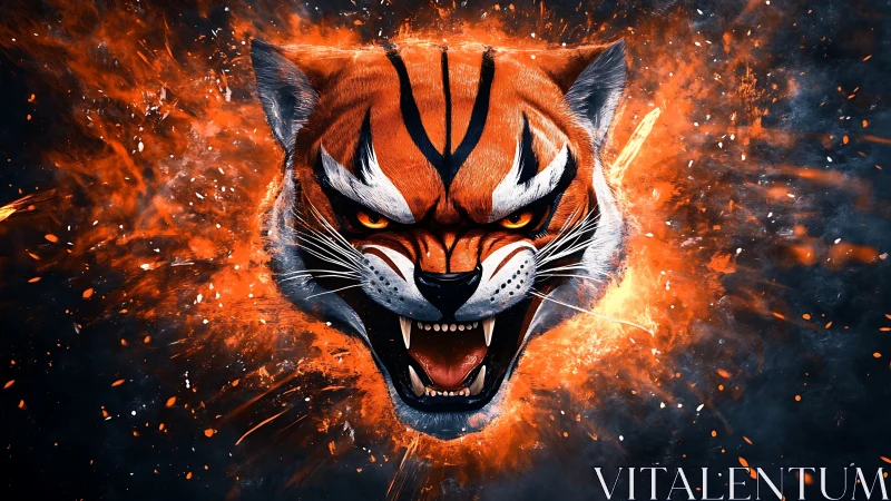 Fiery digital tiger head exploding through dark void.