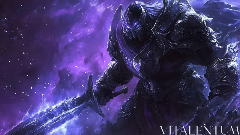 Armored void knight wields glowing greatsword in turbulent nebula