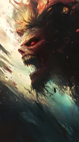 Demonic inferno portrait with blazing eyes and shattered motion.