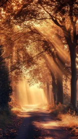 Backlit woodland path in golden hour photorealistic rendering.