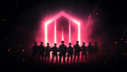 Elite soldiers stand before neon portal in crimson haze