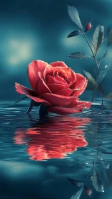 Single red rose drifts on teal water in serene twilight calm