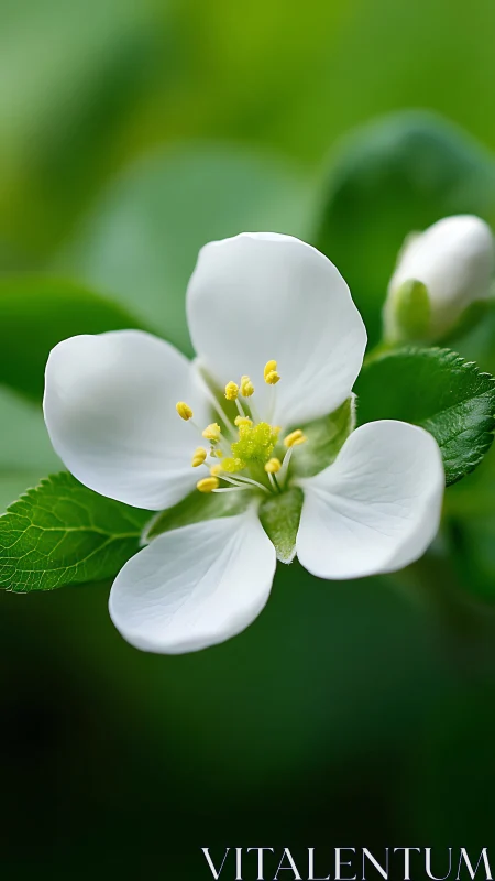 White blossom macro against soft green bokeh background.