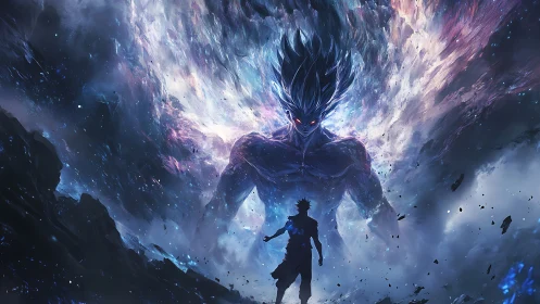 Cosmic energy titan emerges behind silhouetted warrior in nebular rift