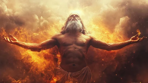 Fire-crowned sage rises amid stormlit celestial flames.