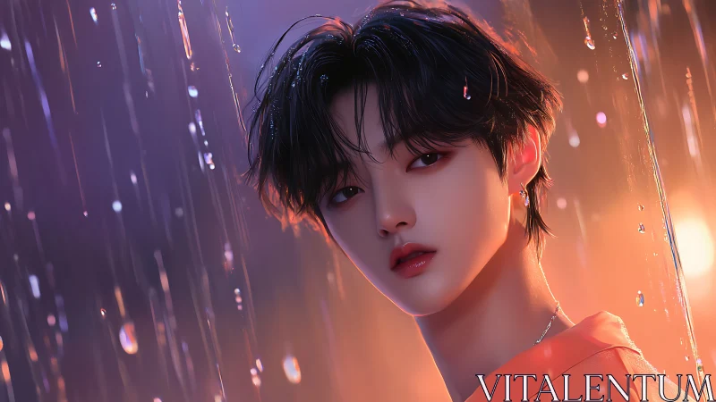 Backlit digital portrait of youth in refracted rainfall glow.