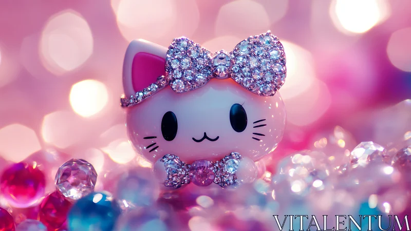 Glittering kawaii cat figurine sparkles among pastel gems