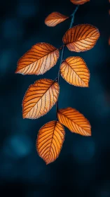 Orange autumn leaves against deep blue blurred background.