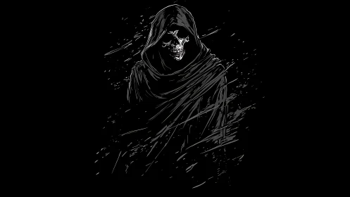 Hooded skeletal reaper emerges from darkness in stark lines.