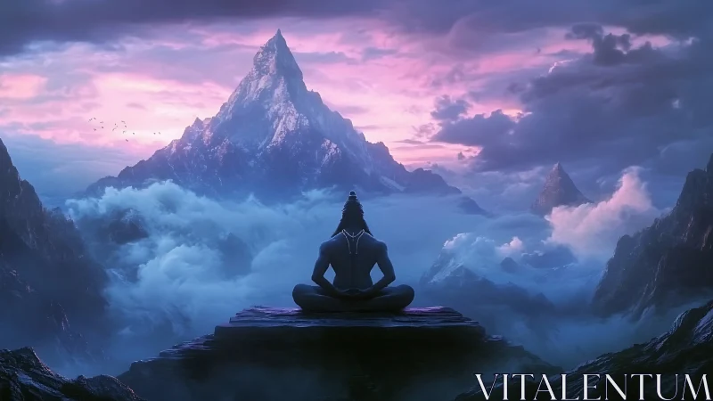 Meditating figure before misty mountains at sunrise.