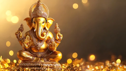 Golden Ganesha idol with bokeh light background glow.