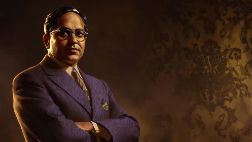 Formal portrait in warm chiaroscuro with patterned backdrop.