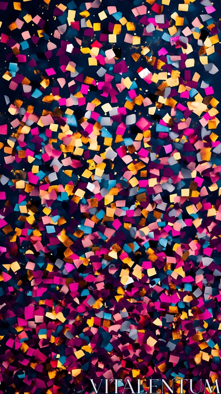 Dense scatter of colorful square confetti on dark field.
