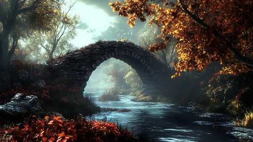 Autumn stone arch bridge over reflective woodland stream.